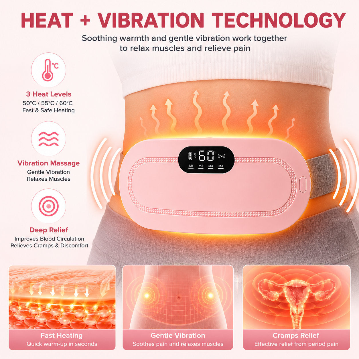 Electric Heating Massage Belt Smart Heat Therapy Pad for Period Pain Cramps Waist Discomfort Relief