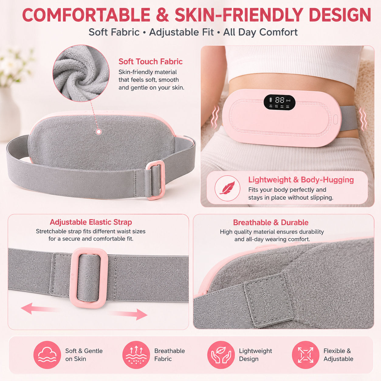 Electric Heating Massage Belt Smart Heat Therapy Pad for Period Pain Cramps Waist Discomfort Relief